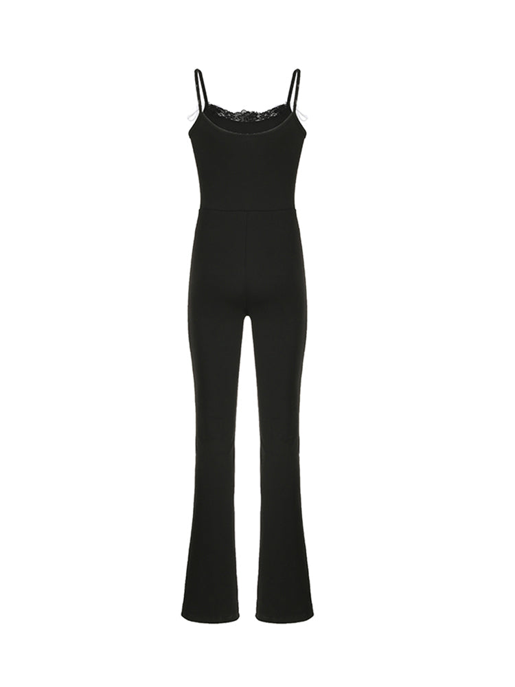 Aiertu - summer inspo Black Solid Sleeveless Skinny Sexy Flared Jumpsuits Women Lace Trim Tie Bow Cute Sweet Y2K Slip Rompers Aiertu