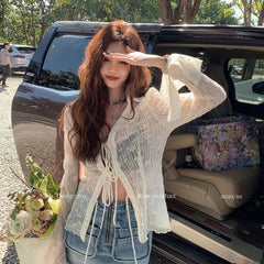 Aiertu Y2K Lace Thin Shirt Women Sexy Sunscreen See Through Slim Blouses Vintage Skinny Casual Crop Tops Sun Protection Cardigan Aiertu