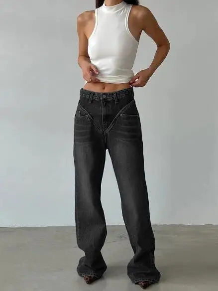 Aiertu  -  Loose Jeans for Women 2024 New Long,European and American,New Patchwork Spliced Denim trousers Femme Aiertu