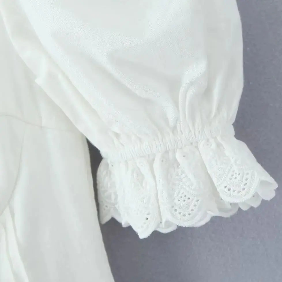 Aiertu  -  Sweet Beige Splice Lace Square Collar Bow Front Short Puff Sleeve Dress Women Lace Hem Low Waist Dresses Mini Cake Robe Aiertu
