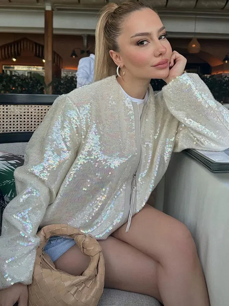 Aiertu  -  Shinny Sequins Loose Short Jacket Women Elegant O Neck Long Sleeve Zipper Cropped Coat Autumn Chic Lady Commuting Street Outwear Aiertu