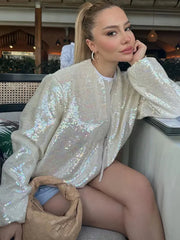 Aiertu  -  Shinny Sequins Loose Short Jacket Women Elegant O Neck Long Sleeve Zipper Cropped Coat Autumn Chic Lady Commuting Street Outwear Aiertu
