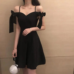 Aiertu  -   Korean Fashion New Summer Women Dress Retro Slash Neck Off The Shoulder Bow Tie High Waist Slim A Line Black Party Mini Dresses Aiertu