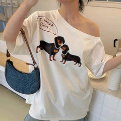 Aiertu  -  Summer New Pearl Necklace Dachshund Dog Print Short Sleeve T-Shirt Slash Shoulder Top Women Aiertu