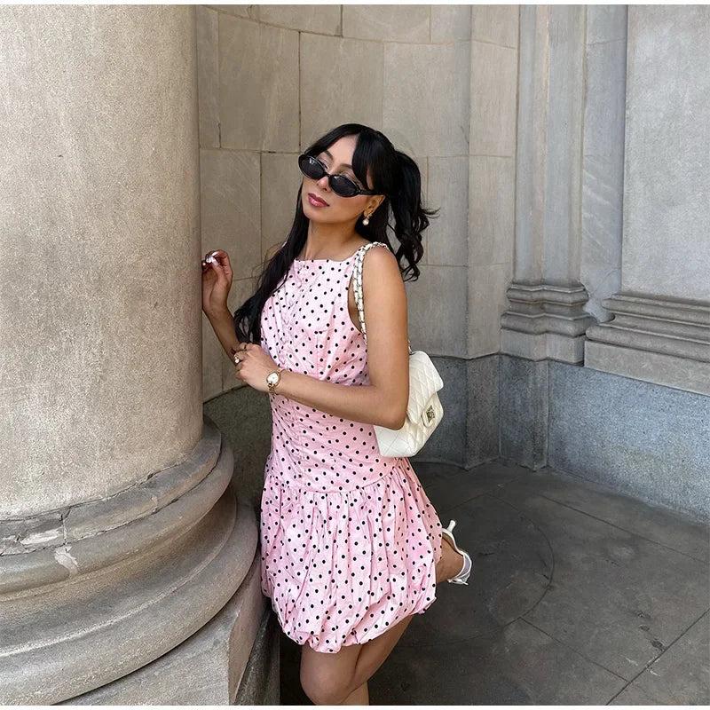 Aiertu  -  Women's Pink Polka Dot Summer Dress 2026 Fashion Puff Hem High Waist Gowns Chic Streetwear Lady Vestidos With Boat Neck Buttons Aiertu