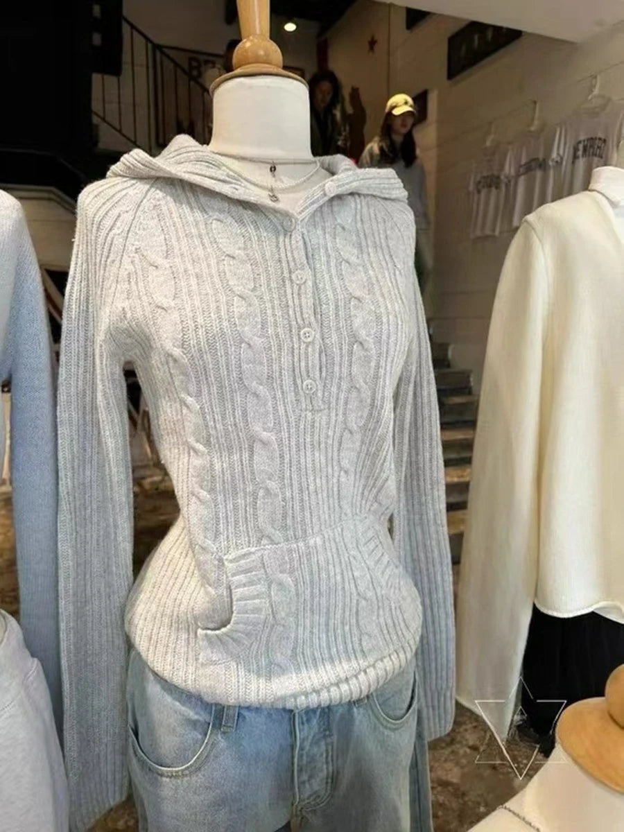 Aiertu  -  Gray Twisted Hooded Sweater Women Winter New Buttons Long Sleeve Pocket Slim Jumper Simple Casual Preppy Style Knitted Pullovers Aiertu