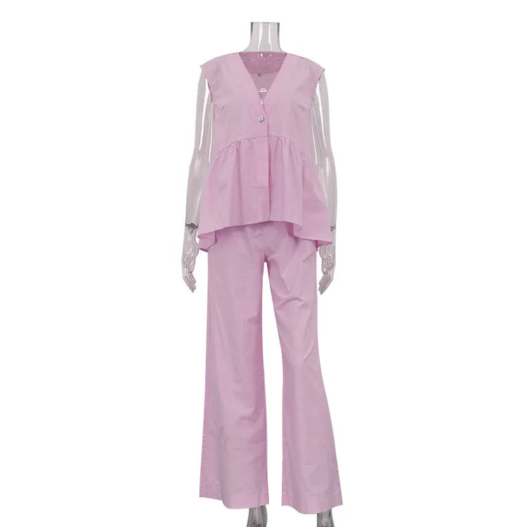 Aiertu  -  Pink V Neck Vest Two-piece Set Women Summer Single Breasted Sleeveless Waistcoat+Trouser Elegant Fashion Casual Pants Sets New Aiertu
