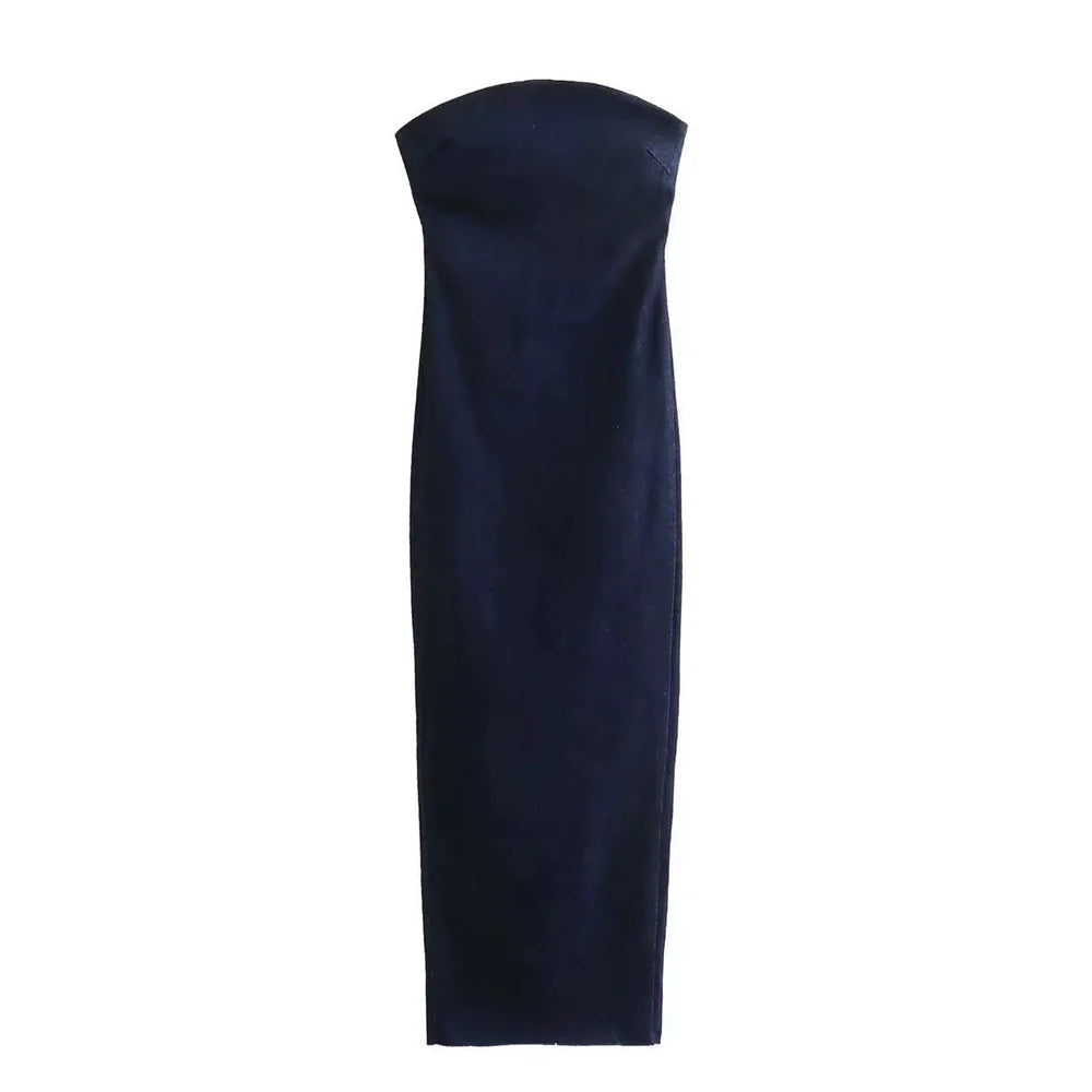 Aiertu  -  INS Fashion Deep Blue Appear Slim Off The Shoulder Zipper Bottom Slit Design Women Denim Strapless Dress ZATT 2025 Spring New Aiertu