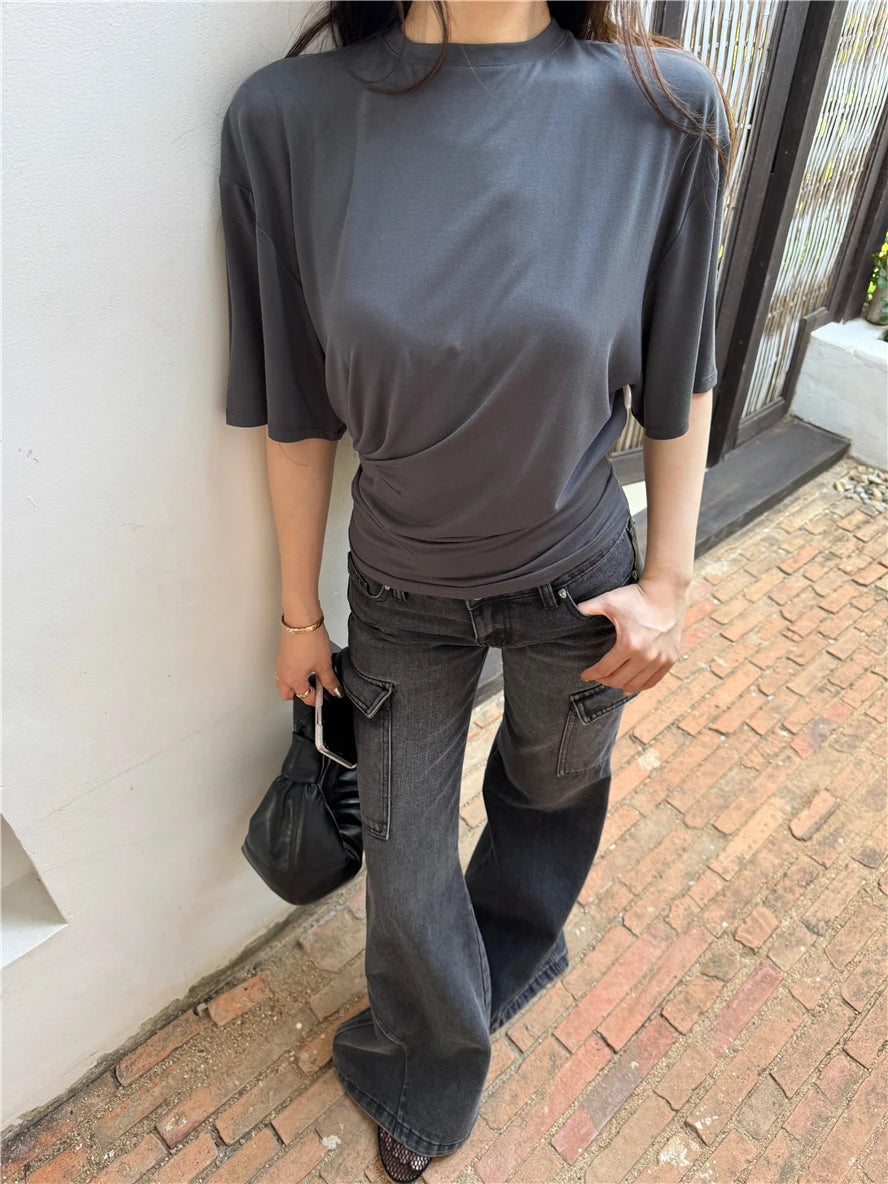 Aiertu  -  O-neck Pleated Asymmetric Casual Short-sleeved T-shirt Women 2026 Summer New High Street Fashion Solid Color All Match Tops Aiertu