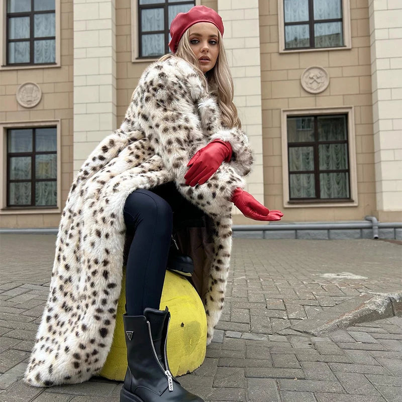 Aiertu  -  casual winter outfits Winter 2024 Long Belted Leopard Faux Fox Fur Coat Women Overcoats Ladies Stylish Street Fashion Fluffy Fox Fur Jacket Aiertu