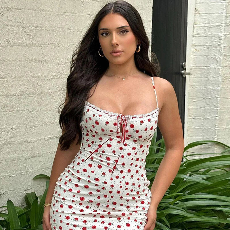 Aiertu  -  Fashion Holidays Floral Printed Summer Long Dress Tie-Up Lace Trim Spaghetti Strap Sexy Sundress Slim Boho Women New Aiertu