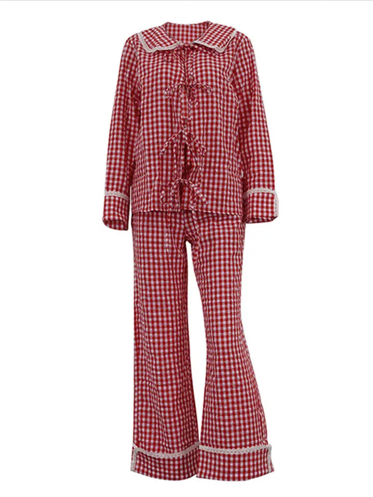 Aiertu  -  Fashion Plaid Long Pants Sets For Women Chic Peter Pan Collar Lace Up Shirt Wide Leg Pant 2 Pieces Sets Female Pajamas Outfits Aiertu