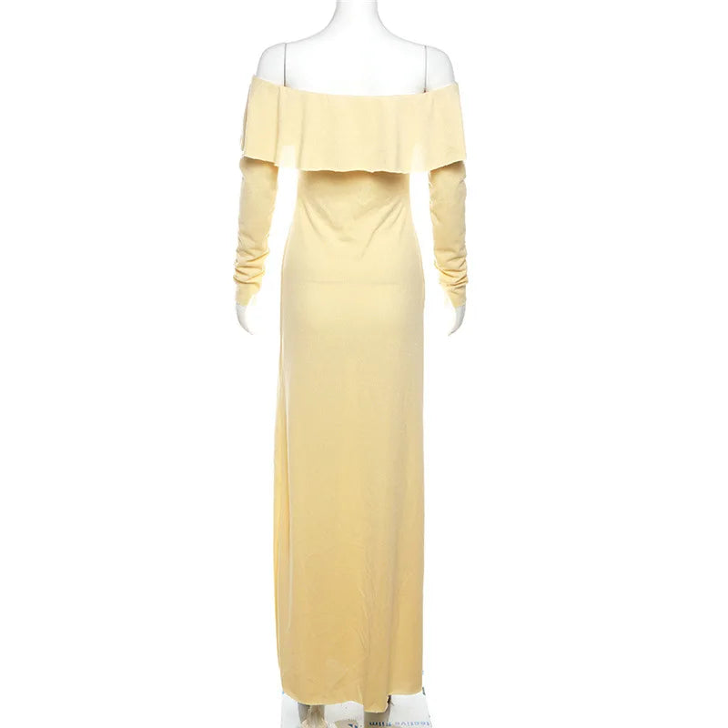 Aiertu  -  Elegant Maxi Dress Tassel Ruffles Women Slash Neck Off Shoulder Full Sleeve Ladies Evening Party Prom Slim Vestidos Aiertu