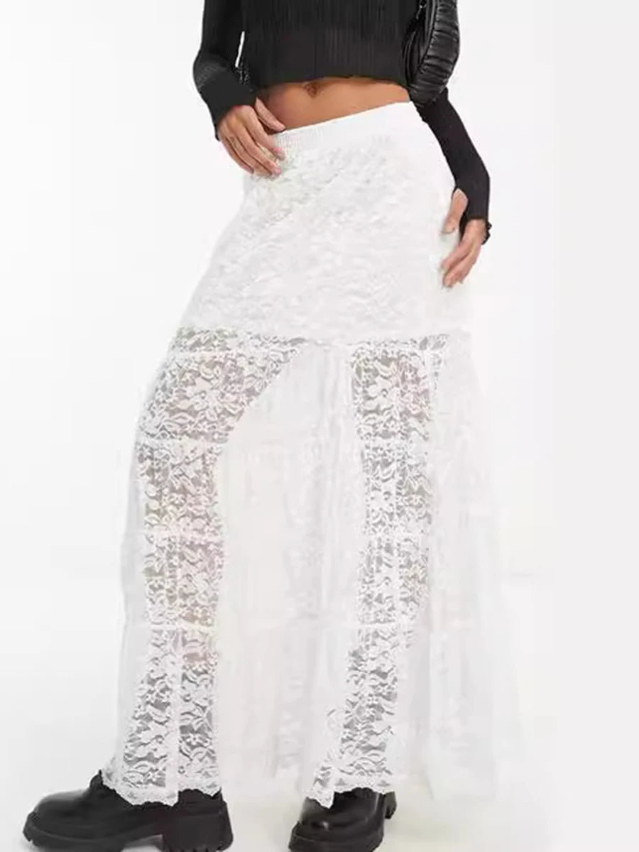 Aiertu  -  Lace Jacquard Long Skirt Women Summer Elegant Elastic Waist Sheer White Maxi Skirts Streetwear Fashion Casual Sexy A-line Skirt Aiertu