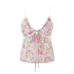 Aiertu  -  New Women Lace Trim Floral Print Camis Sexy Sleeveless V Neck Female Summer Boho Crop Top Aiertu