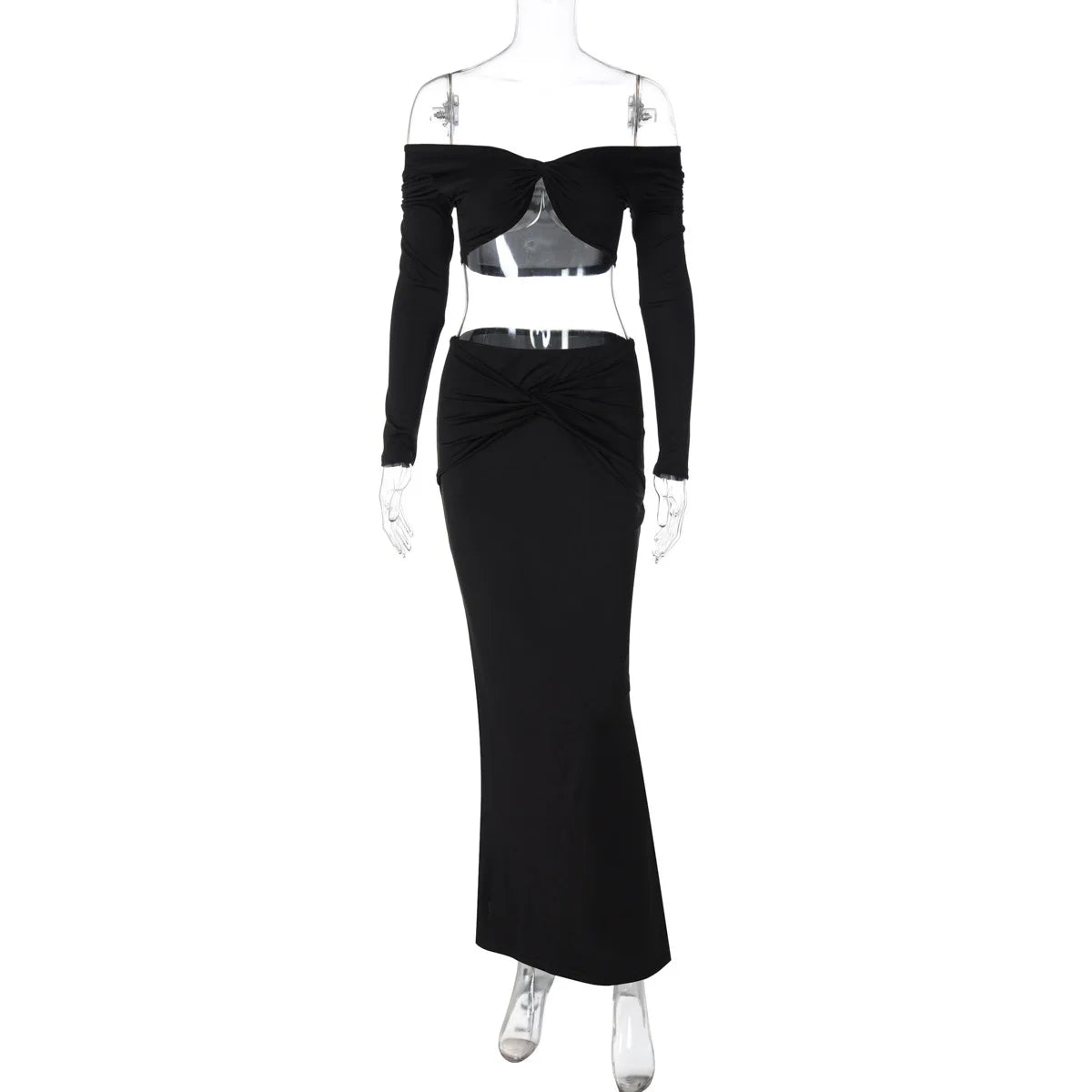 Aiertu  -  Sexy Strapless Two Piece Sets Women Off-shoulder Long Sleeve T-shirt And Long Skirt Female Club Matching 2 Piece Sets Aiertu
