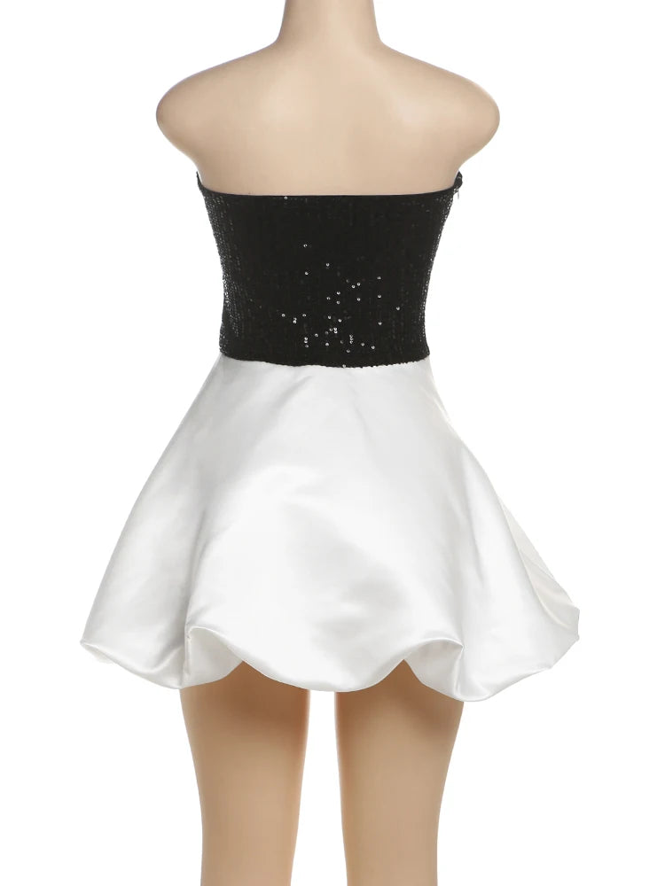 Aiertu  -  Sexy Sequins Patchwork Dress Women Hollow Puffy Contrast Backless Sleeveless Bow Midnight Clubwear Party Mini Bodycon Aiertu