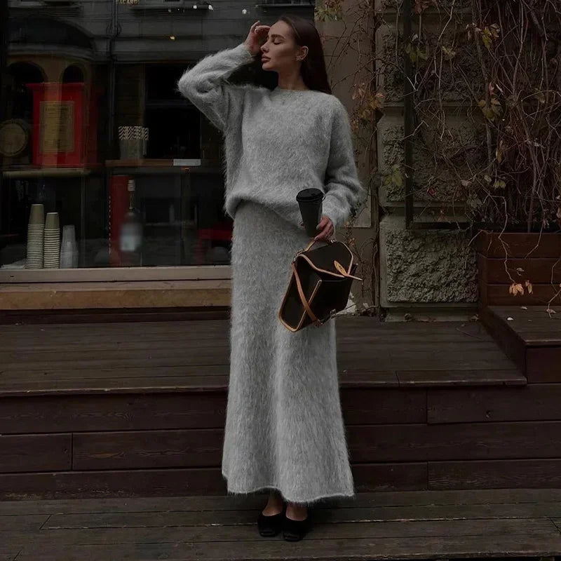 Aiertu     -  Fall Outfits 2026 Cozy Knit Pullovers Skirt Set Women Solid O-neck Full Sleeve Sweater High Waist Long Skirt 2026 Autumn Winter New Lady Knitwear Aiertu