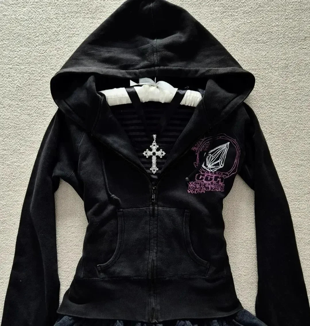 Aiertu  -  High Street Hip-hop Trendy Clothing Black Pattern Zipper Hoodie Y2k Gothic Retro Casual Comfortable Loose Cardigan Jacket Aiertu