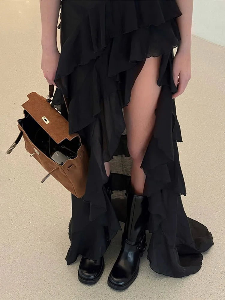 Aiertu  -  Chic Ruffle Backless Dress Women Slash Neck Sleeveless Lace Up Irregular Hem Floor-length Dresses Female 2025 Spring Lady Robe Aiertu