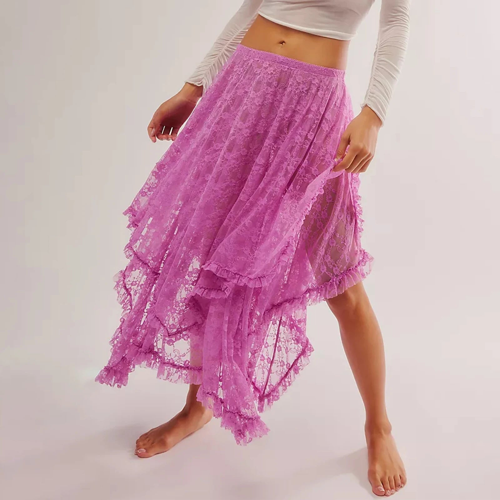 Aiertu  -  Floral Lace Long Skirt for Women Y2K Elastic Waist Asymmetrical Layered Maxi Skirt Sexy See Through Flowy Beach Skirt Aiertu