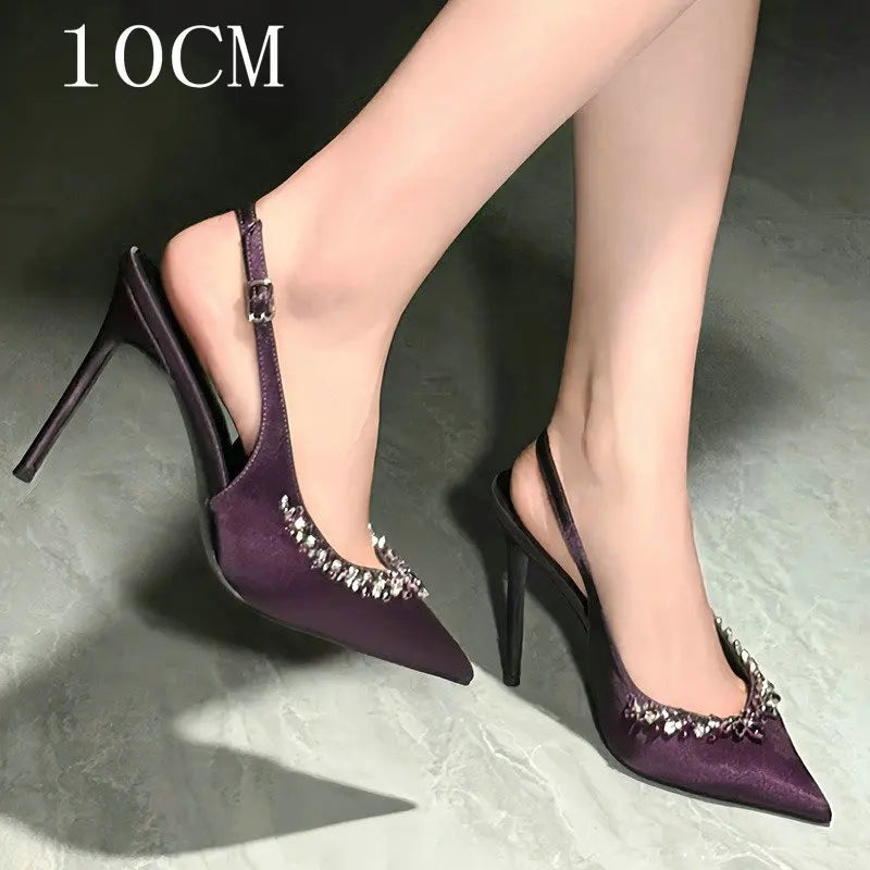Aiertu  -  Burgundy Diamond-Studded High-Heeled Shoes Women'S Pointy Patent Leather Sexy French Single Shoe Slim Heel Sandals Wedding Pumps Aiertu
