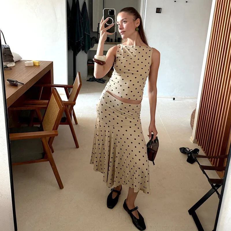 Aiertu  -  Polka Dot Print Two Piece Set Sleeveless Top and Long Skirt Elegant Fashion Matching Sets Woman Summer Outfit P85-DZ42 Aiertu