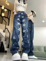Aiertu  -  Splicing Star Print Design American High Street Jeans Women's Niche Loose Straight Leg Pants Aiertu