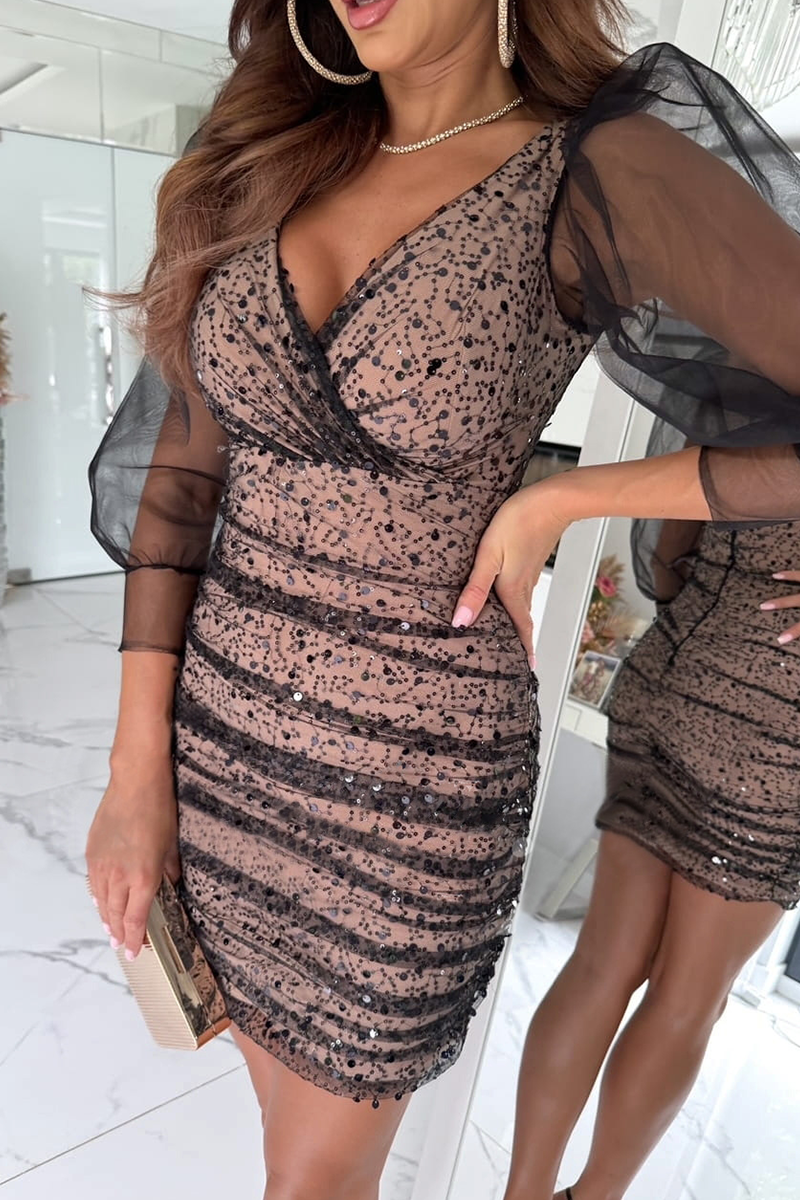 Aiertu  -  Sexy Sequins Sequined Mesh V Neck Wrapped Skirt Dresses Aiertu