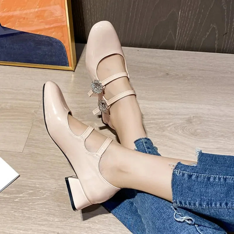 Aiertu  -  Chunky Heels Women Mary Jane Shoes Bling Rhinstones Elegant Patent Leather Party Wedding Ladies Pumps Autumn Lolita Footwear Aiertu