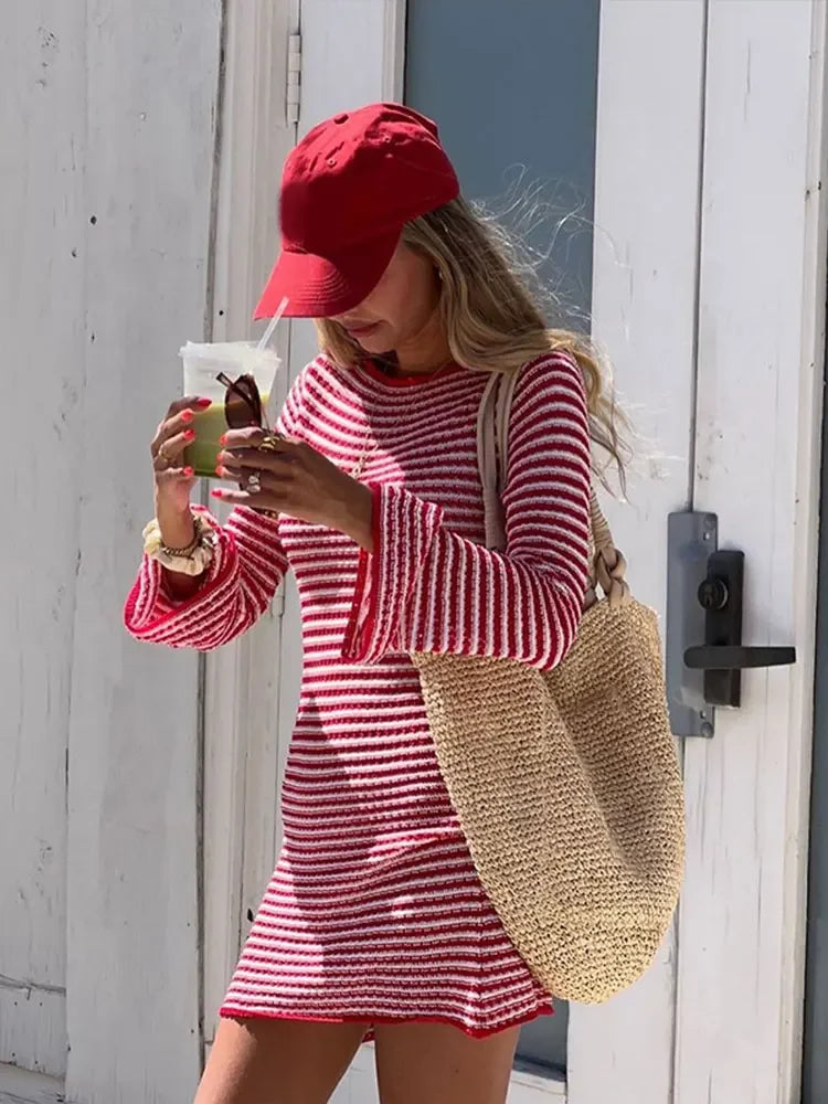 Aiertu  -  Chic Women Red Striped Slim Fit Knitted Dress Round Neck Flared Long Sleeve Robe Femmes 2026 Fashion Lady Autumn Street Vestidos Aiertu