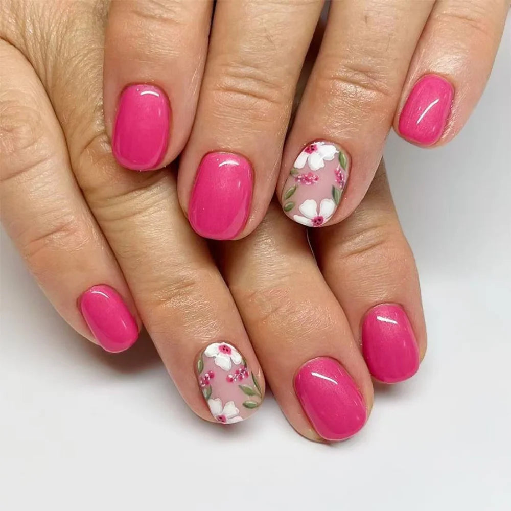 Aiertu  -  24pcs Blue Flower Design False Nails Art Nude Short Square Fake Nail Sets Simple Ins French Ballet Press on Nails Tips Artifical Aiertu