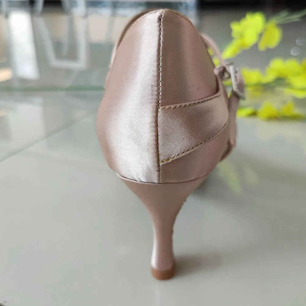 Aiertu  -   Khaki Color Satin With Crystal Comfortable Woman Modern Ballroom Dance Shoes 7.3cm Heel Evkoo018 customize shoe Aiertu