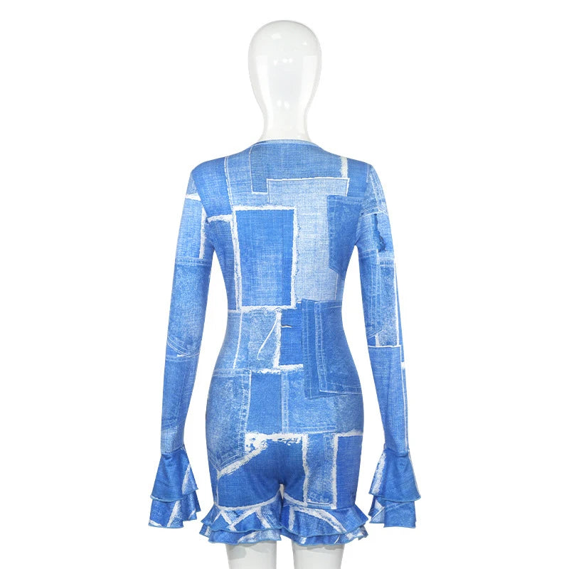 Aiertu  -  party look snspos Fashion Printing V Neck Drawstring Lacing High Waist Long Flare Sleeved Ruffless Hem Folds Playsuit Sexy Bodycon Streetwear Aiertu