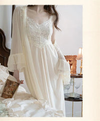 Aiertu  -  Sexy Womens Nightdress Lace Princess Nightgowns Slip Vintage Lady Women 2 Pcs Robe Set Autumn Pajama Sleepwear Bathrobe Home Set Aiertu