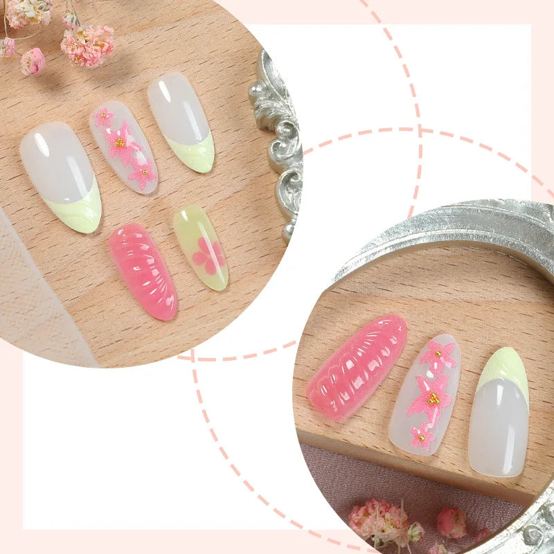 Aiertu  -  24PCS Summer Dopamine Handmade Wearable Fake Nail 3D Water Ripple Flower Designs Press on Nails Sweet Colorful Almond False Nail Aiertu