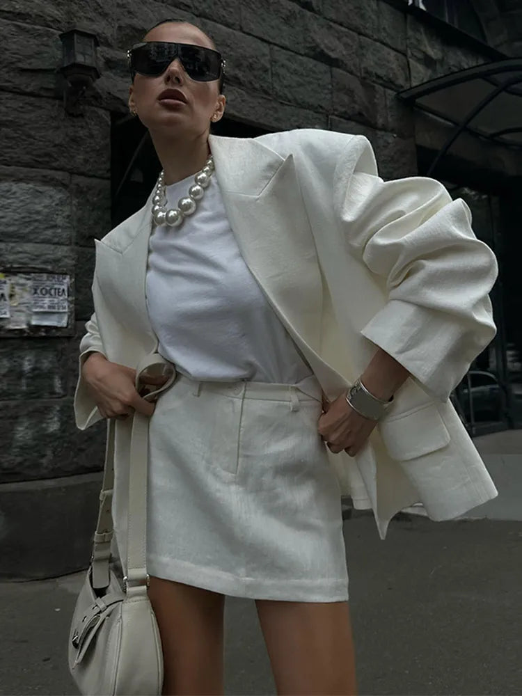 Aiertu  -  Elegant White Lapel Pockets Blazer Coat Women Fashion Long Sleeve Oversized Suit Jacket 2026 Autumn New Lady Commute Outerwear Aiertu
