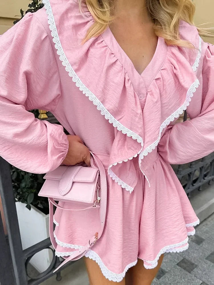 Aiertu  -  Lace Ruffled Tops Shorts Fashion Set Ladies Pajamas Home Clothes Fashion Long Sleeve Top Cotton Casual Matching Sets Fall Aiertu