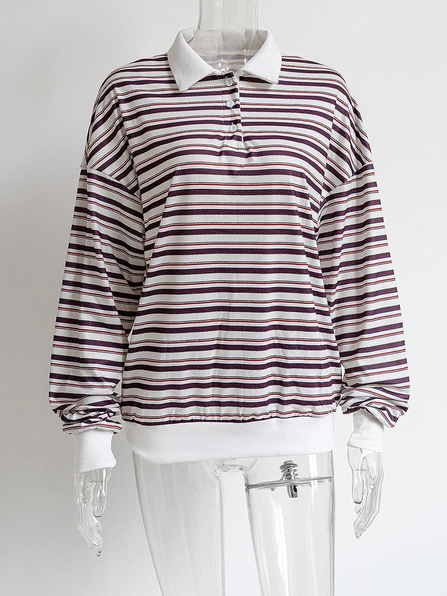 Aiertu  -  Striped Contrast Long Sleeve T-shirt Women Buttons Turndown Collar Loose T Shirt 2025 Spring New Streetwear Vintage Casual Tees Aiertu