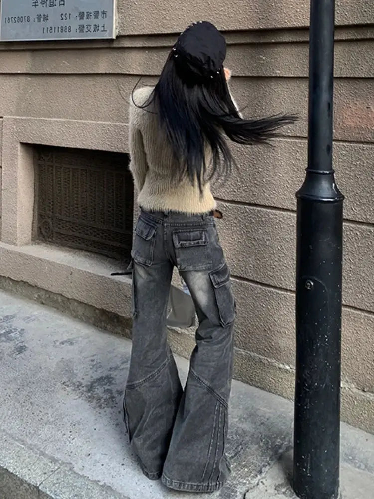 Aiertu  -  Fashion Streetwear Side Pockets Cargo Denim Pants Swxy Low Waist Punk Harajuku Women Trousers Y2k Aesthetic Flare Long Bottoms Aiertu