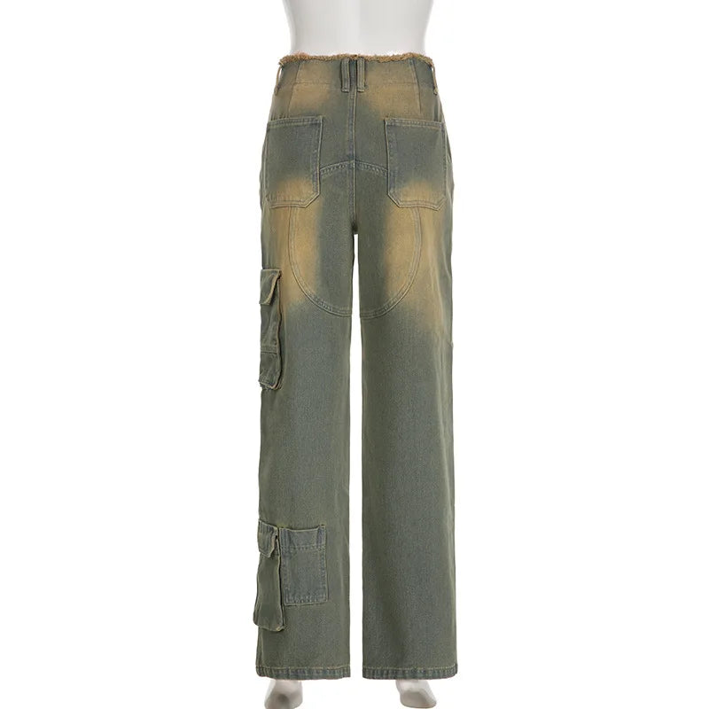 Aiertu  -  y2k Tie Dye Cargo Jeans Big Pockets Low Waisted Baggy Trousers Women Streetwear Korean Fashion 2000s Pants Aesthetic Aiertu
