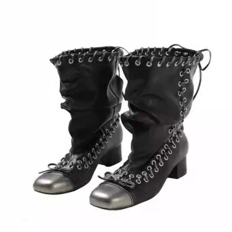 Aiertu    -  Vintage Pleated Mid-Calf Boots Cross-tied Square Toe Mid Heels Luxury Leather Fashion Novelty Sexy Concise Autumn Women Shoes Aiertu