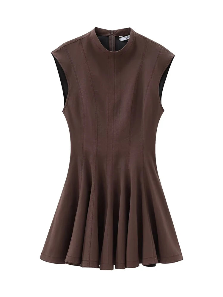 Aiertu  -  Women Fashion Solid Pleated A-Line Back Zipper Mini Dress Vintage O-Neck Sleeveless Female Chic Lady Dresses Aiertu