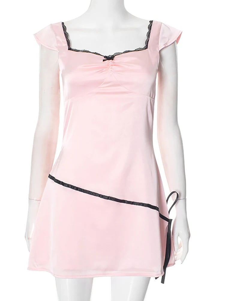 Aiertu  -  Patchwork Satin Sexy Square Collar Lace Women Dress Spaghetti Strap Mini Dress Female Spring Slim Elegant Party Clubwear Aiertu