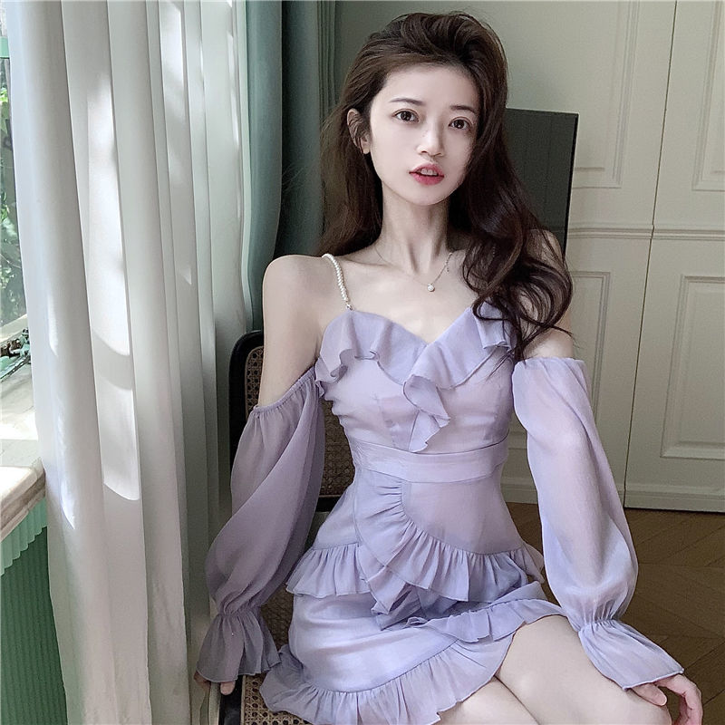 Aiertu Purple Off Shoulder Kawaii Dress Women Ruffle Patchwork Sweet Party Mini Dress Female Korean Fashion Slim Sexy Fairy Dress 2025 Aiertu