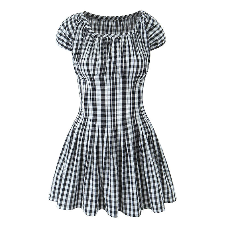 Aiertu  -  Vintage  Women Black White Plaid Dresses Short Sleeve O Neck Slim Waist A-line Mini Casual Summer Dress Aiertu