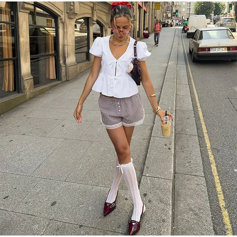 Aiertu  -  Elegant White V-neck Lace Up Shirt Women Retro Puffy Short Sleeve Waist-cinching Shirts Female 2025 Spring Chic Street Lady Tops Aiertu