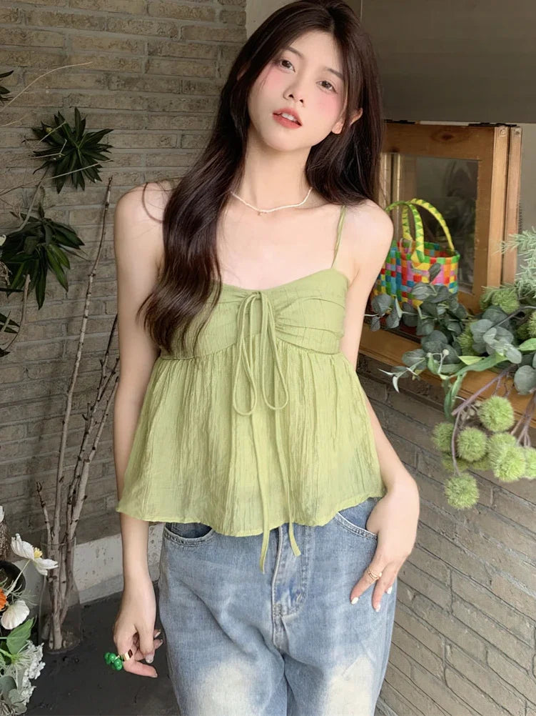Aiertu  -  Women's Bow Tie Chiffon Suspender Vest Summer New Korean Version Sweet Loose Fitting Women Fashionable Off Shoulder Short Top Aiertu