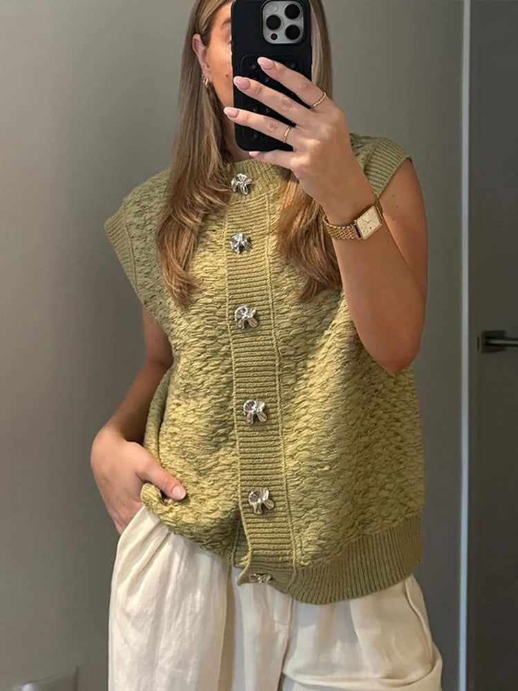 Aiertu  -  Elegant Knitted Sleeveless Vest Women Loose O-neck Single Breasted All-match Green Female Tank 2026 Autumn Office Lady Outfit Aiertu