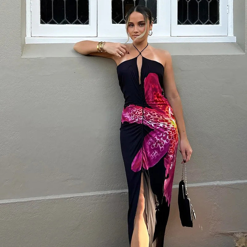 Aiertu  -   Spaghetti Strap Sleeveless Halter Backless Lace Up Floral Print Split Maxi Hip Dress Celebrity Urban Leisure Vestidos Aiertu